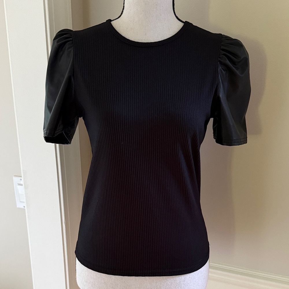 Miss Selfridge Black Puff Sleeve Ribbed Top with Faux Leather Sleeves Women's 6